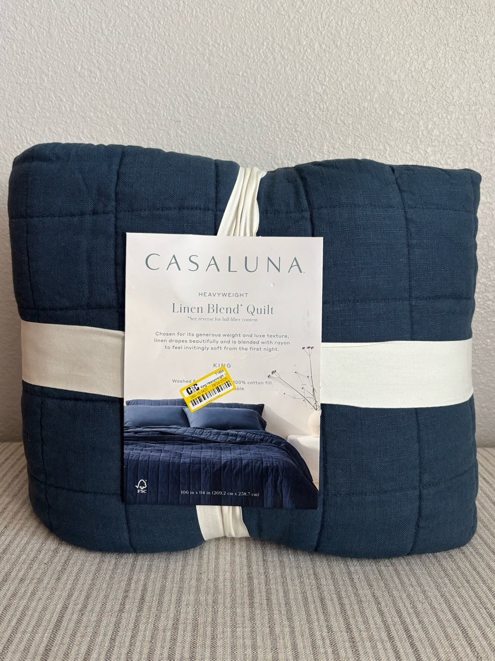 NWT King Heavyweight Linen Blend Quilt Dark Mineral Blue - Casaluna